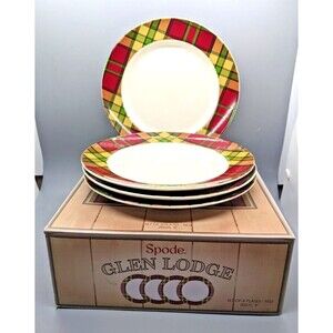 Spode Glen Lodge 4 Tartan Plaid Red Salad Dessert Plates Original Box 8" 2013